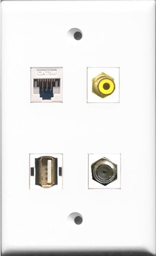 RiteAV 1 Port RCA Yellow and 1 Port Coax Cable TV- F-Type and 1 Port USB A-A and 1 Port Cat5e Ethernet White Wall Plate