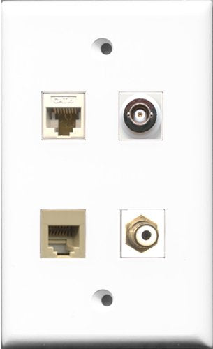 RiteAV 1 Port RCA White and 1 Port Phone RJ11 RJ12 Beige and 1 Port BNC and 1 Port Cat6 Ethernet White Wall Plate