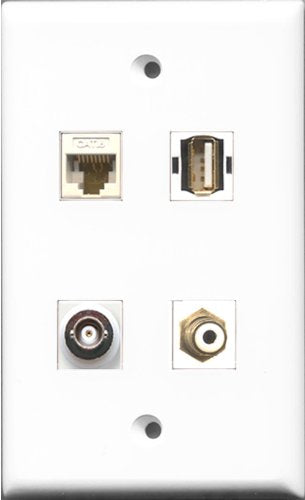 RiteAV 1 Port RCA White and 1 Port USB A-A and 1 Port BNC and 1 Port Cat6 Ethernet White Wall Plate