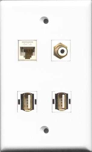 RiteAV 1 Port RCA White 2 Port USB A-A and 1 Port Cat6 Ethernet White Wall Plate