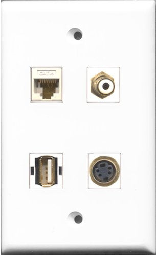 RiteAV 1 Port RCA White and 1 Port USB A-A and 1 Port S-Video and 1 Port Cat6 Ethernet White Wall Plate