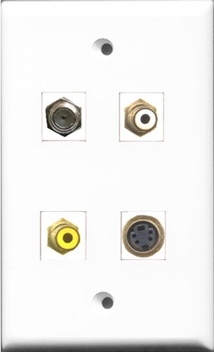 RiteAV 1 Port RCA White and 1 Port RCA Yellow and 1 Port Coax Cable TV- F-Type and 1 Port S-Video Wall Plate
