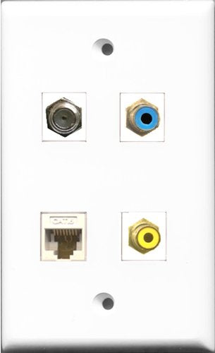 RiteAV 1 Port RCA Yellow and 1 Port RCA Blue and 1 Port Coax Cable TV- F-Type and 1 Port Cat6 Ethernet White Wall Plate