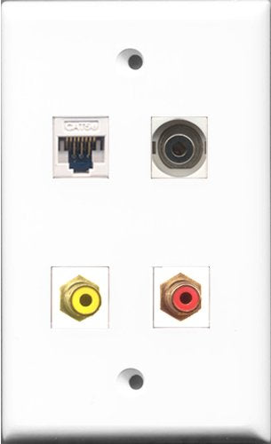 RiteAV - 1 Port RCA Red and 1 Port RCA Yellow and 1 Port 3.5mm and 1 Port Cat5e Ethernet White Wall Plate