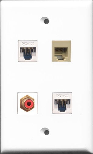 RiteAV 1 Port RCA Red and 1 Port Phone RJ11 RJ12 Beige 2 Port Cat5e Ethernet White Wall Plate