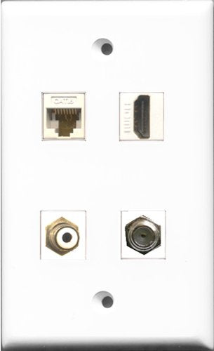 RiteAV 1 Port HDMI and 1 Port RCA White and 1 Port Coax Cable TV- F-Type and 1 Port Cat6 Ethernet White Wall Plate
