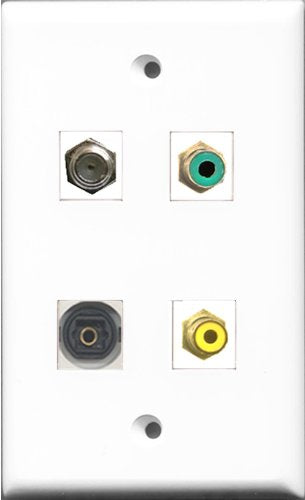 RiteAV 1 Port RCA Yellow and 1 Port RCA Green and 1 Port Coax Cable TV- F-Type and 1 Port Toslink Wall Plate