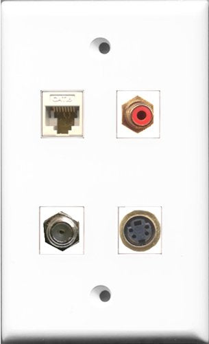 RiteAV 1 Port RCA Red and 1 Port Coax Cable TV- F-Type and 1 Port S-Video and 1 Port Cat6 Ethernet White Wall Plate