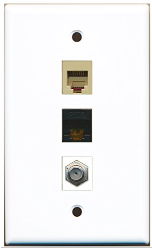 RiteAV - 1 Port Coax Cable TV- F-Type and 1 Port Phone RJ11 RJ12 Beige and 1 Port Cat6 Ethernet Black Wall Plate