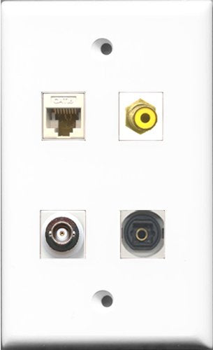 RiteAV 1 Port RCA Yellow and 1 Port Toslink and 1 Port BNC and 1 Port Cat6 Ethernet White Wall Plate