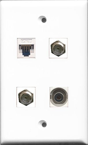 RiteAV - 2 Port Coax Cable TV- F-Type and 1 Port 3.5mm and 1 Port Cat5e Ethernet White Wall Plate