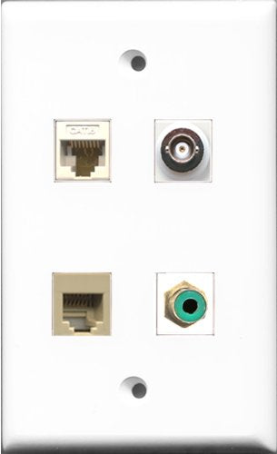 RiteAV 1 Port RCA Green and 1 Port Phone RJ11 RJ12 Beige and 1 Port BNC and 1 Port Cat6 Ethernet White Wall Plate