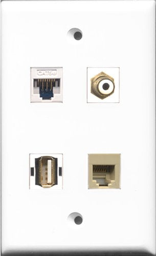 RiteAV 1 Port RCA White and 1 Port USB A-A and 1 Port Phone RJ11 RJ12 Beige and 1 Port Cat5e Ethernet White Wall Plate