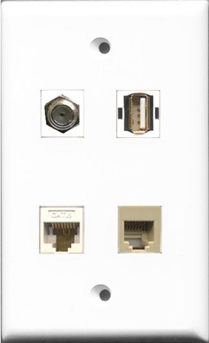 RiteAV 1 Port Coax Cable TV- F-Type and 1 Port USB A-A and 1 Port Phone RJ11 RJ12 Beige and 1 Port Cat6 Ethernet White Wall Plate