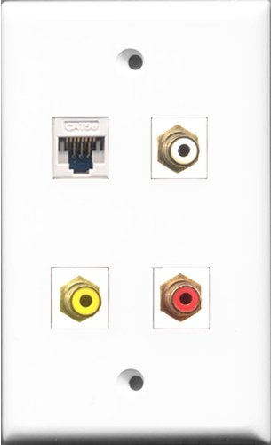 RiteAV 1 Port RCA Red and 1 Port RCA White and 1 Port RCA Yellow and 1 Port Cat5e Ethernet White Wall Plate