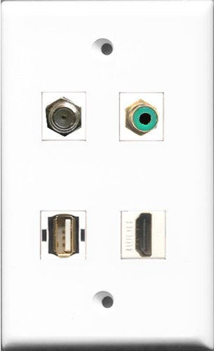 RiteAV 1 Port HDMI and 1 Port RCA Green and 1 Port Coax Cable TV- F-Type and 1 Port USB A-A Wall Plate