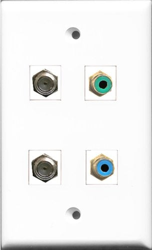 RiteAV 1 Port RCA Green and 1 Port RCA Blue 2 Port Coax Cable TV- F-Type Wall Plate