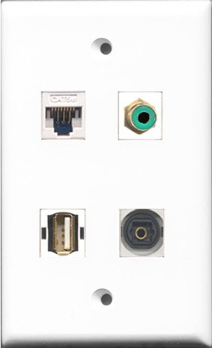 RiteAV 1 Port RCA Green and 1 Port USB A-A and 1 Port Toslink and 1 Port Cat5e Ethernet White Wall Plate