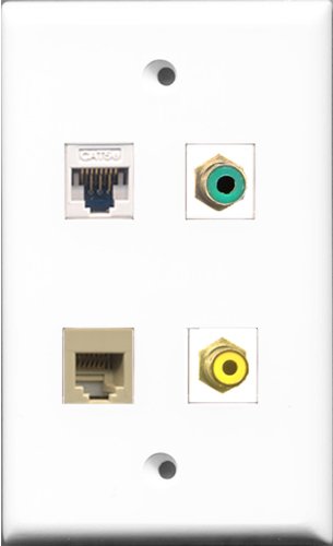 RiteAV 1 Port RCA Yellow and 1 Port RCA Green and 1 Port Phone RJ11 RJ12 Beige and 1 Port Cat5e Ethernet White Wall Plate