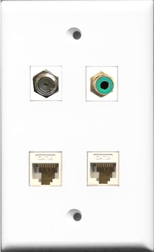 RiteAV 1 Port RCA Green and 1 Port Coax Cable TV- F-Type 2 Port Cat6 Ethernet White Wall Plate