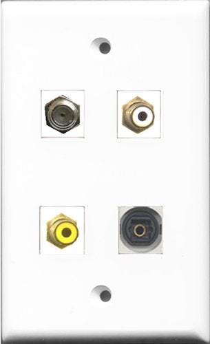 RiteAV 1 Port RCA White and 1 Port RCA Yellow and 1 Port Coax Cable TV- F-Type and 1 Port Toslink Wall Plate