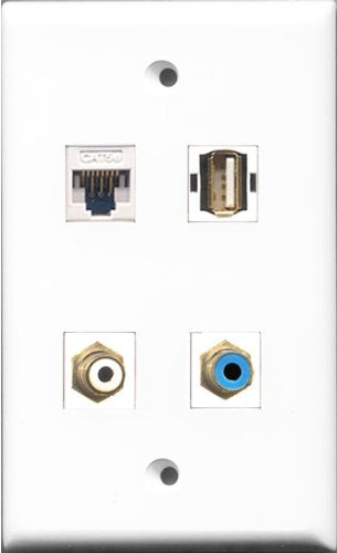 RiteAV 1 Port RCA White and 1 Port RCA Blue and 1 Port USB A-A and 1 Port Cat5e Ethernet White Wall Plate