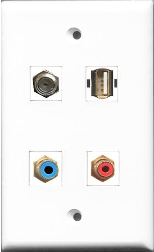 RiteAV 1 Port RCA Red and 1 Port RCA Blue and 1 Port Coax Cable TV- F-Type and 1 Port USB A-A Wall Plate