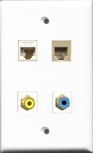 RiteAV 1 Port RCA Yellow and 1 Port RCA Blue and 1 Port Phone RJ11 RJ12 Beige and 1 Port Cat6 Ethernet White Wall Plate