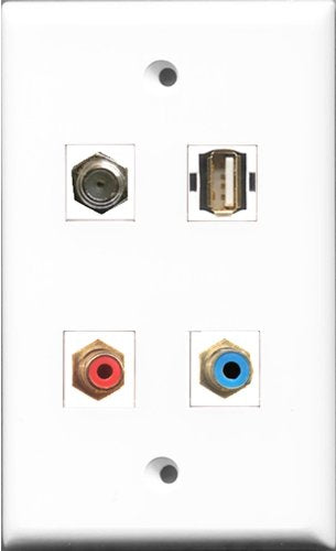 RiteAV 1 Port RCA Red and 1 Port RCA Blue and 1 Port Coax Cable TV- F-Type and 1 Port USB A-A Wall Plate