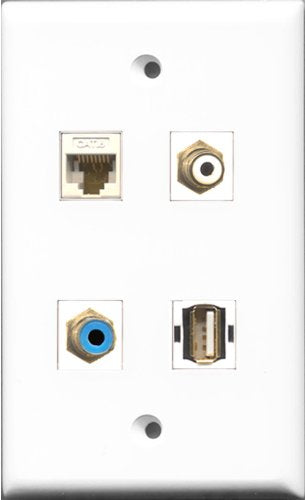 RiteAV 1 Port RCA White and 1 Port RCA Blue and 1 Port USB A-A and 1 Port Cat6 Ethernet White Wall Plate