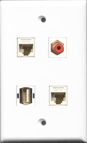RiteAV 1 Port RCA Red and 1 Port USB A-A 2 Port Cat6 Ethernet White Wall Plate