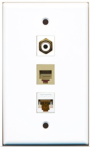 RiteAV - 1 Port RCA White and 1 Port Phone RJ11 RJ12 Beige and 1 Port Cat6 Ethernet White Wall Plate