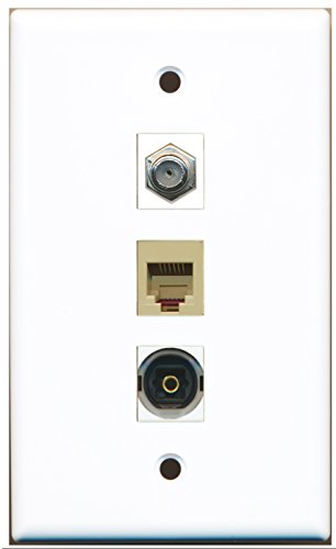 RiteAV - 1 Port Coax Cable TV- F-Type and 1 Port Phone RJ11 RJ12 Beige and 1 Port Toslink Wall Plate
