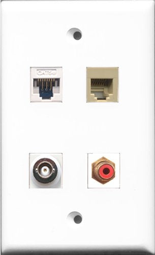 RiteAV 1 Port RCA Red and 1 Port Phone RJ11 RJ12 Beige and 1 Port BNC and 1 Port Cat5e Ethernet White Wall Plate