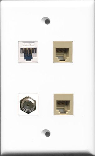 RiteAV 1 Port Coax Cable TV- F-Type 2 Port Phone RJ11 RJ12 Beige and 1 Port Cat5e Ethernet White Wall Plate