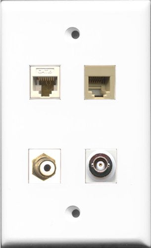 RiteAV 1 Port RCA White and 1 Port Phone RJ11 RJ12 Beige and 1 Port BNC and 1 Port Cat6 Ethernet White Wall Plate