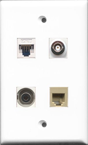 RiteAV - 1 Port Phone RJ11 RJ12 Beige and 1 Port 3.5mm and 1 Port BNC and 1 Port Cat5e Ethernet White Wall Plate