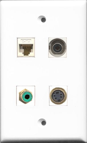 RiteAV 1 Port RCA Green and 1 Port S-Video and 1 Port 3.5mm and 1 Port Cat6 Ethernet White Wall Plate