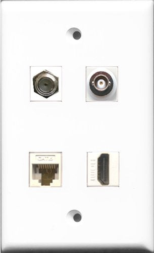 RiteAV 1 Port HDMI and 1 Port Coax Cable TV- F-Type and 1 Port BNC and 1 Port Cat6 Ethernet White Wall Plate