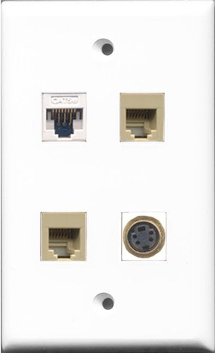 RiteAV - 2 Port Phone RJ11 RJ12 Beige and 1 Port S-Video and 1 Port Cat5e Ethernet White Wall Plate