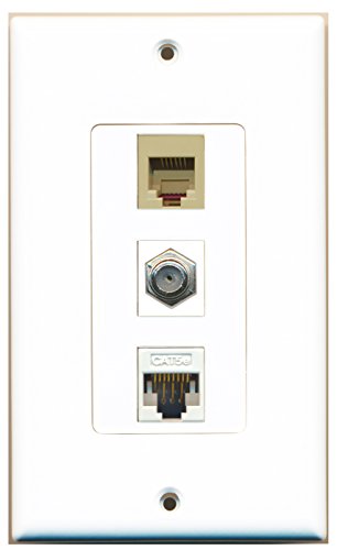 RiteAV - 1 Port Coax Cable TV- F-Type and 1 Port Phone RJ11 RJ12 Beige and 1 Port Cat5e Ethernet White Decorative Wall Plate Decorative