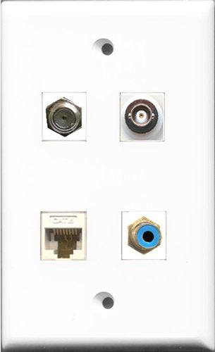 RiteAV 1 Port RCA Blue and 1 Port Coax Cable TV- F-Type and 1 Port BNC and 1 Port Cat6 Ethernet White Wall Plate