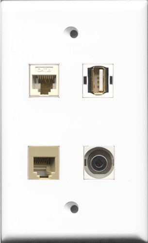 RiteAV 1 Port USB A-A and 1 Port Phone RJ11 RJ12 Beige and 1 Port 3.5mm and 1 Port Cat6 Ethernet White Wall Plate