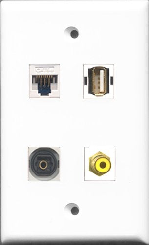 RiteAV 1 Port RCA Yellow and 1 Port USB A-A and 1 Port Toslink and 1 Port Cat5e Ethernet White Wall Plate