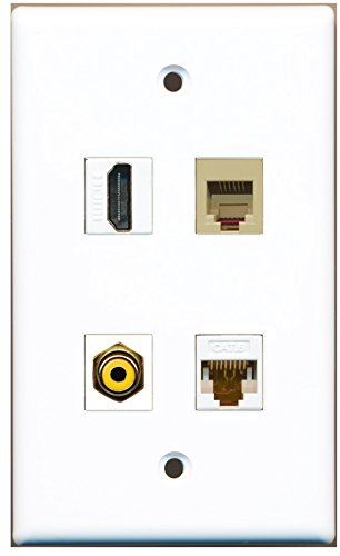 RiteAV - 1 Port HDMI 1 Port RCA Yellow 1 Port Phone RJ11 RJ12 Beige 1 Port Cat6 Ethernet White Wall Plate