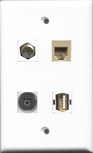 RiteAV 1 Port Coax Cable TV- F-Type and 1 Port USB A-A and 1 Port Phone RJ11 RJ12 Beige and 1 Port Toslink Wall Plate