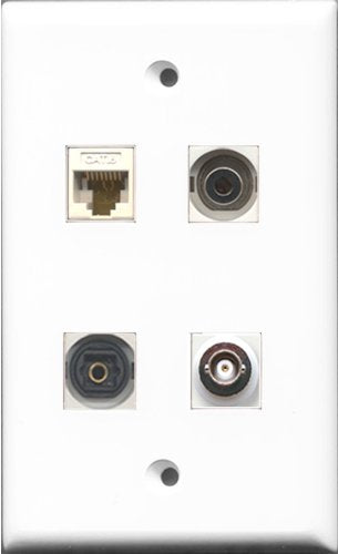 RiteAV 1 Port Toslink and 1 Port 3.5mm and 1 Port BNC and 1 Port Cat6 Ethernet White Wall Plate