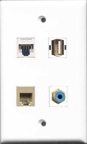RiteAV 1 Port RCA Blue and 1 Port USB A-A and 1 Port Phone RJ11 RJ12 Beige and 1 Port Cat5e Ethernet White Wall Plate