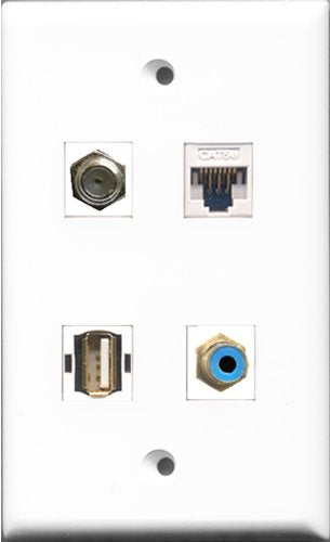 RiteAV 1 Port RCA Blue and 1 Port Coax Cable TV- F-Type and 1 Port USB A-A and 1 Port Cat5e Ethernet White Wall Plate