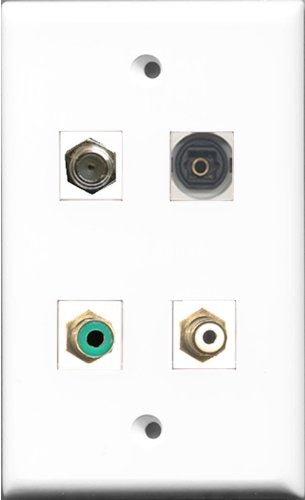 RiteAV 1 Port RCA White and 1 Port RCA Green and 1 Port Coax Cable TV- F-Type and 1 Port Toslink Wall Plate